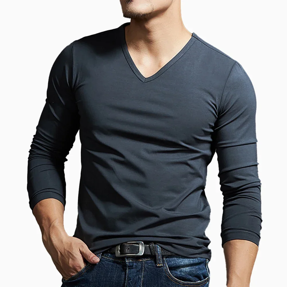 Men Autumn Tops Long Sleeves Muscle T-shirt V Neck Slim Blouse Activewear Solid Elasticity Tee Casual Comfort Soft Undershirt