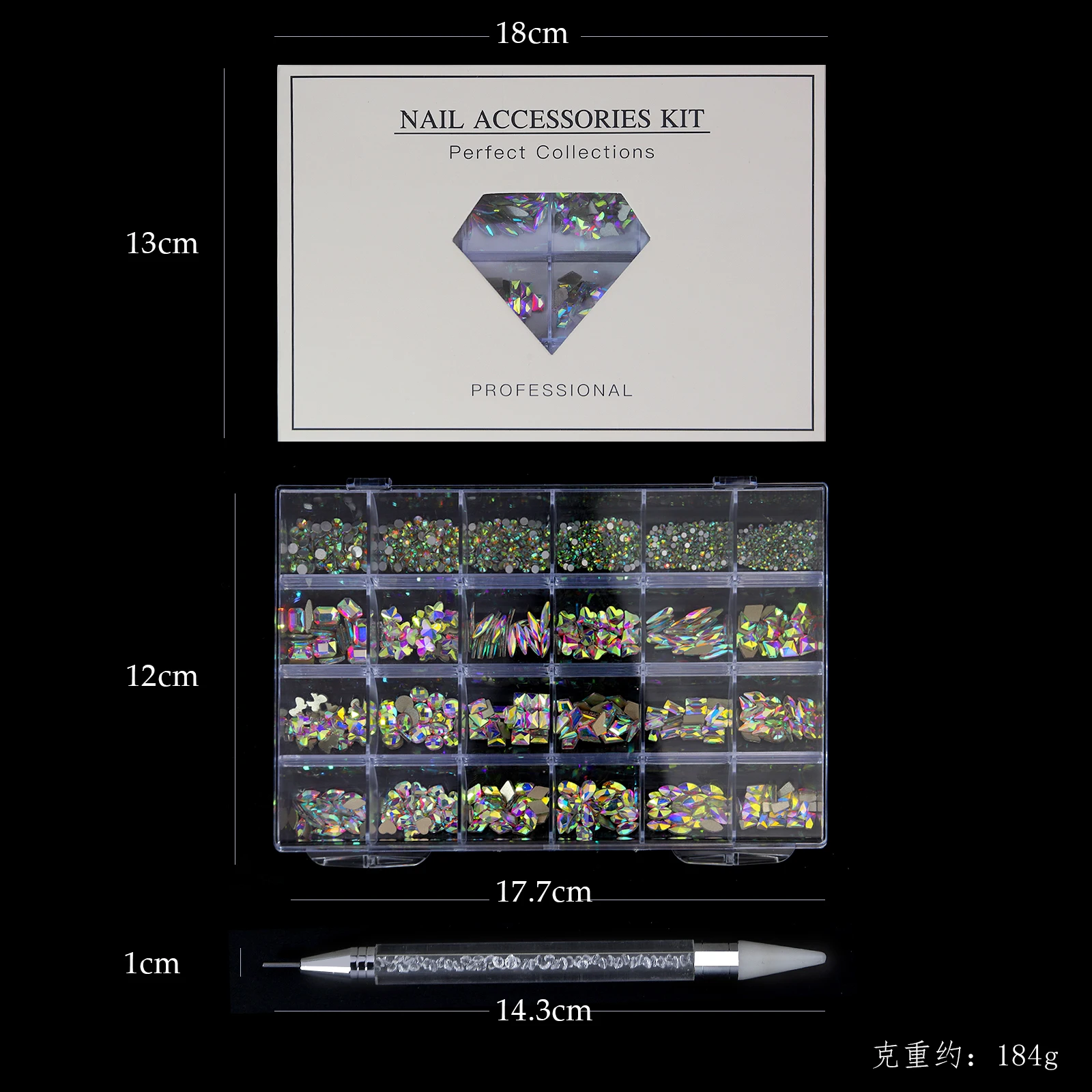 Gorąca sprzedaż 21 kształt biżuterii luksusowe błyszczące diamenty DIY Nail Art zestaw dżetów szklane kryształowe dekoracje zestaw podaruj 1 szt. Długopis