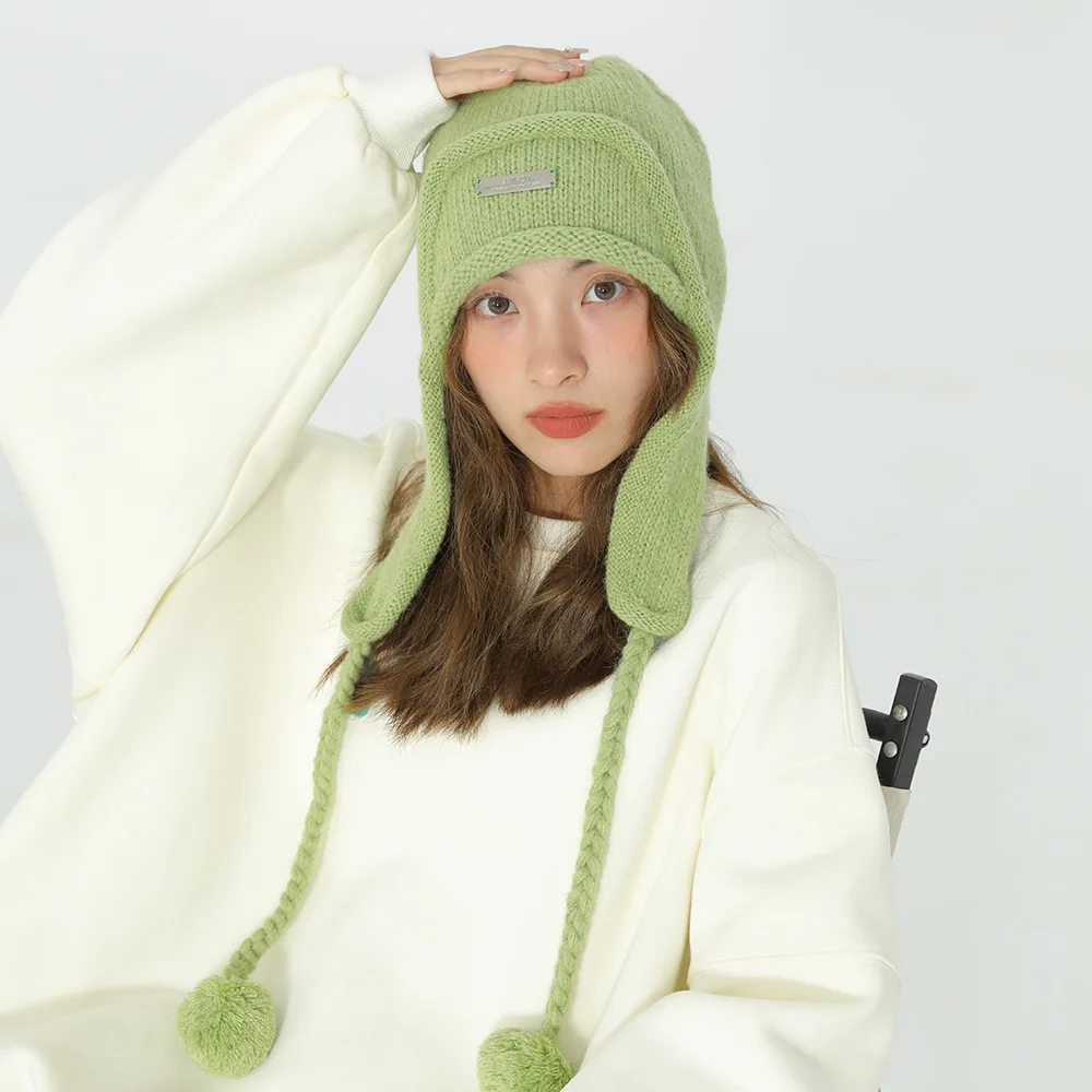 INS Women Green Bomber Hat Pilot Trooper Cap Girls Pompom Hat Russian Ushanka Earflap Caps Winter Snow Ski Hats Gorro Windproof