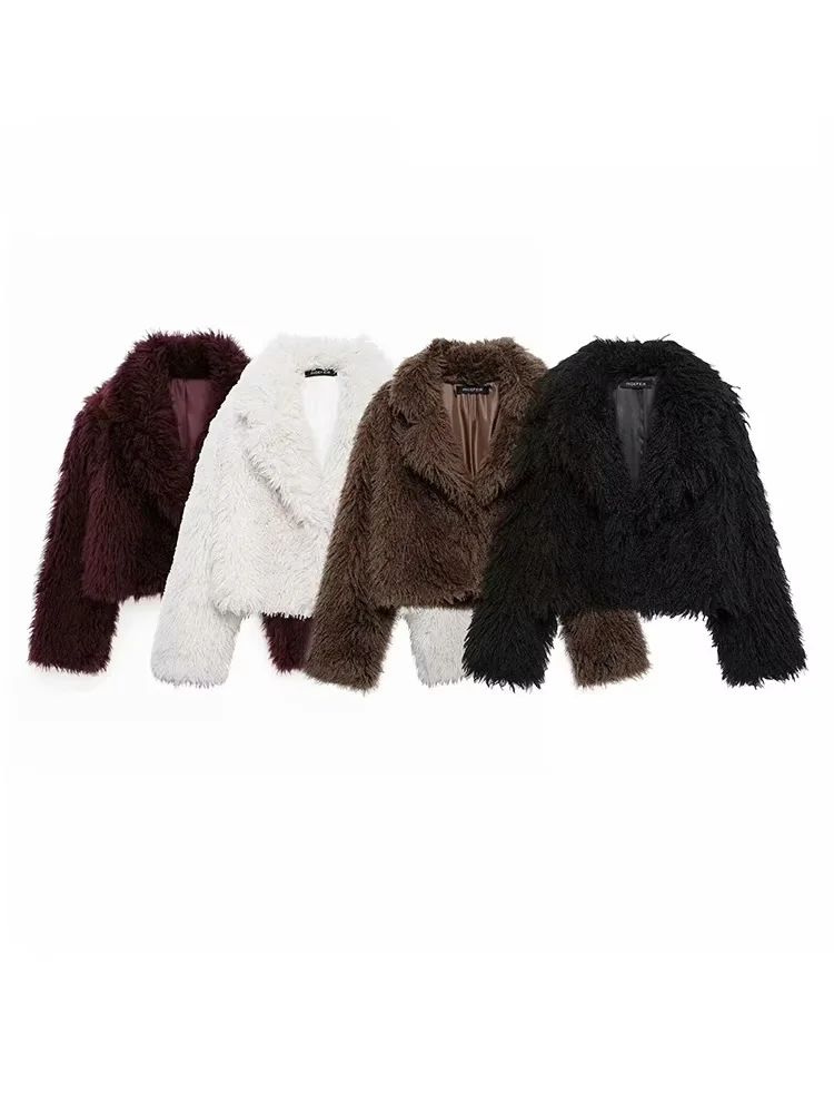 HH 2025 Damska Kurtka z Szerokim Kołnierzem i Efektem Sztucznego Futra, Zimowa, Elegancka, z Kieszeniami, Krótki Płaszcz