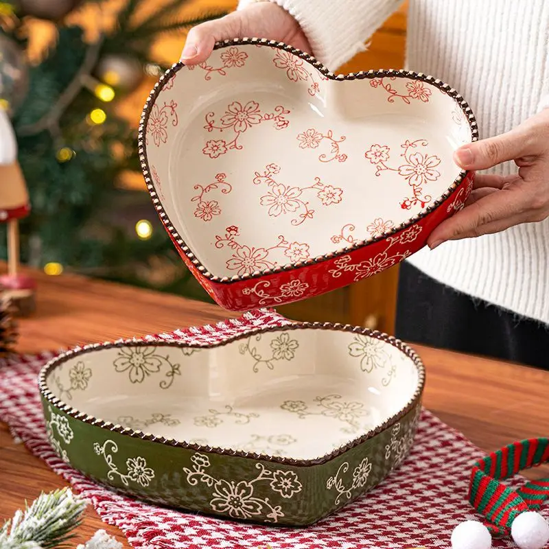 Multifunctional Underglaze Ceramic Heart Shape Deep Plate for Pizza Pasta Salad Baking Gratin Dish Set