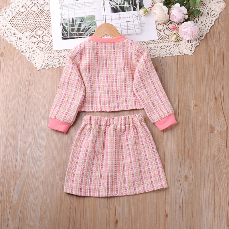 Girl\'s Suit Spring and Autumn Temperament Bow Tie Plaid Single breasted Sweet Princess Set Skirt Vestidos Casual Outfit 2-6Y