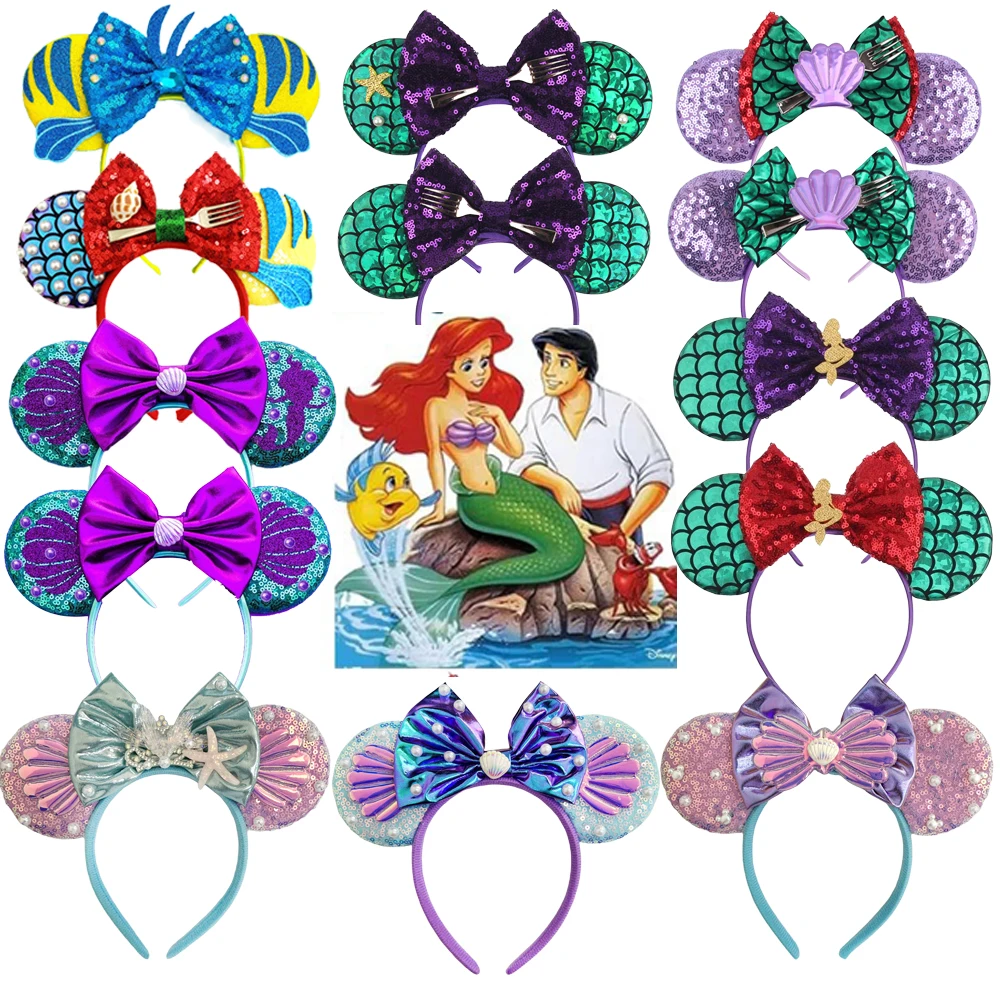 ミッキーマウス耳ヘッドバンドマーメイドシリーズ女性用パーティーヘアアクセサリーミニーマウススパンコールリボンヘアバンドキッズギフト