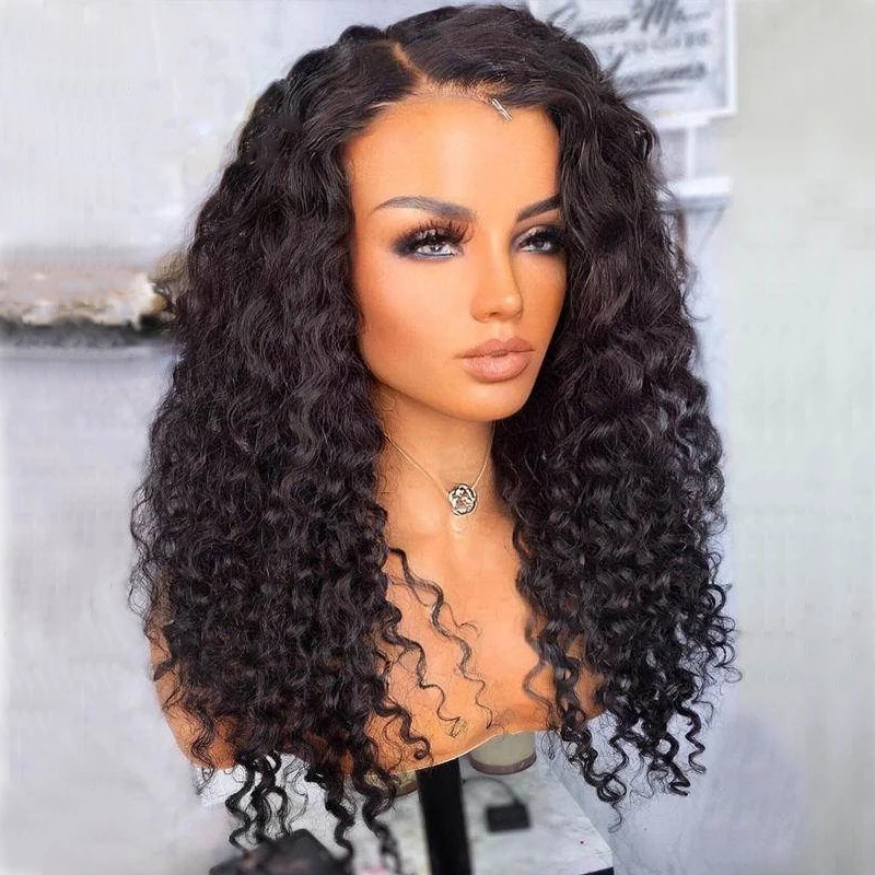 Natural preto macio 26 polegadas 180 densidade kinky encaracolado perucas dianteiras do laço para mulheres com babyhair uso diário parte profunda preplucked