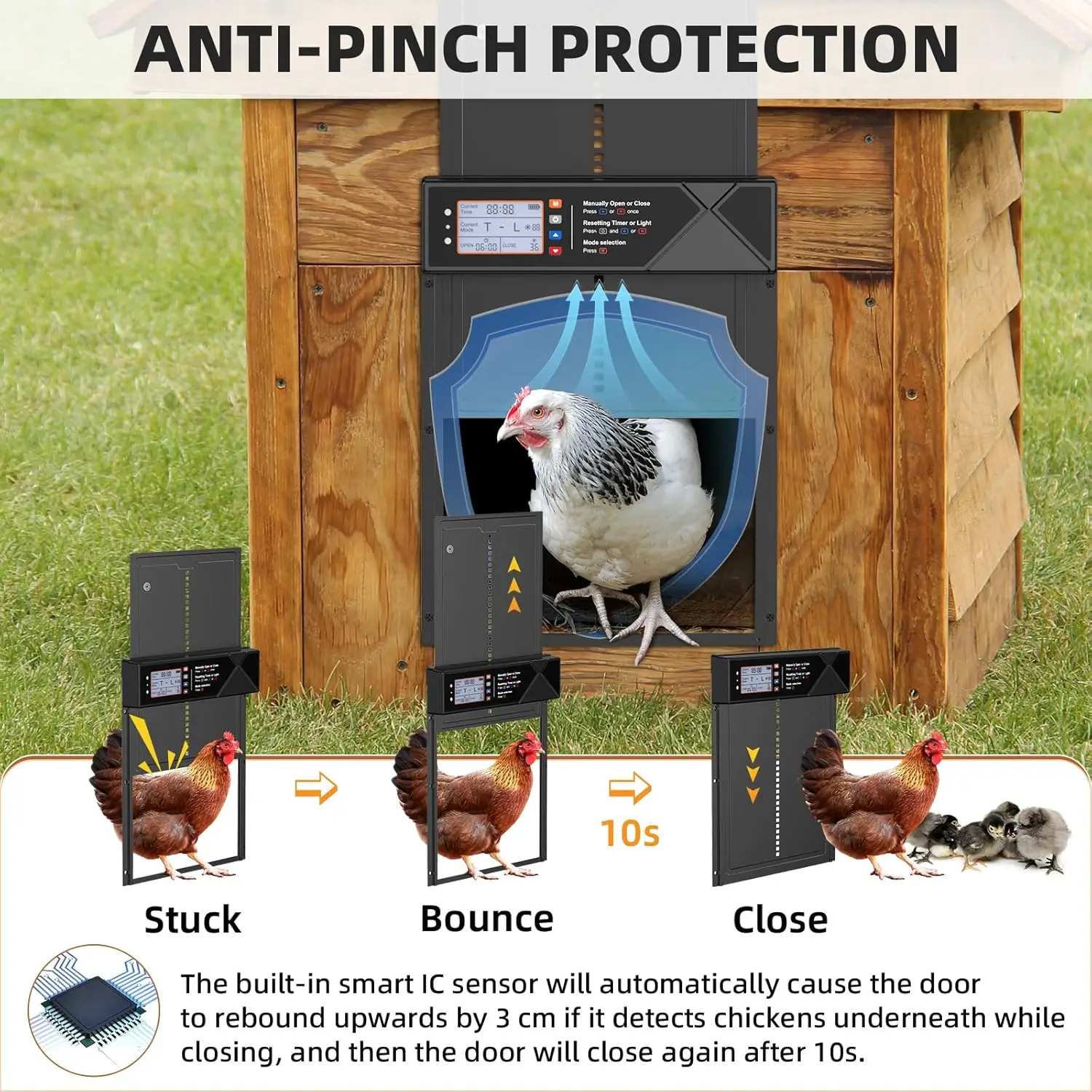 自動鶏小屋ドア太陽光発電、2000 mAh LCD ディスプレイ自動鶏ドアタイマー & 光センサー付き、アルミニウム合金