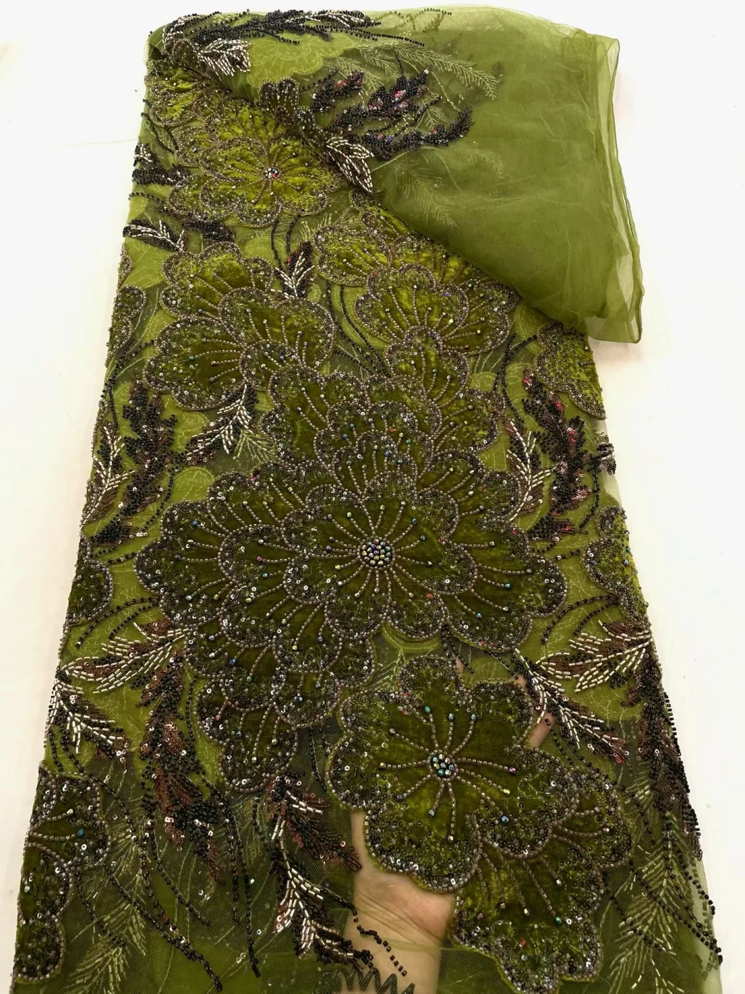 Olive Green 3D Floral Beaded velvet Lace Fabric, Luxury Multi-Color Tube Bead Sequin Embroidery on Sheer Tulle for Wedding Gown
