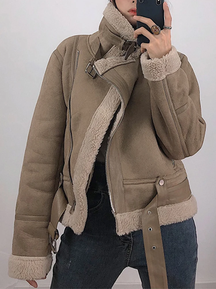 

Fitaylor New Winter Streetwear Motorcycle Short Coat Women Fashion Thick Warm Suede Lamb Jacket Faux Shearling Sheepskin Outwear