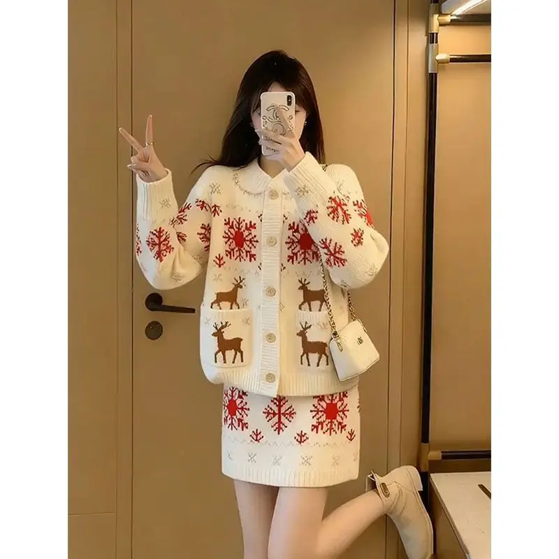 

Women Clothing Autumn Winter Fashion Casual Button Knitting Women All-match Fashionable Cartoon O-neck Sweater Two-piece Set Sui