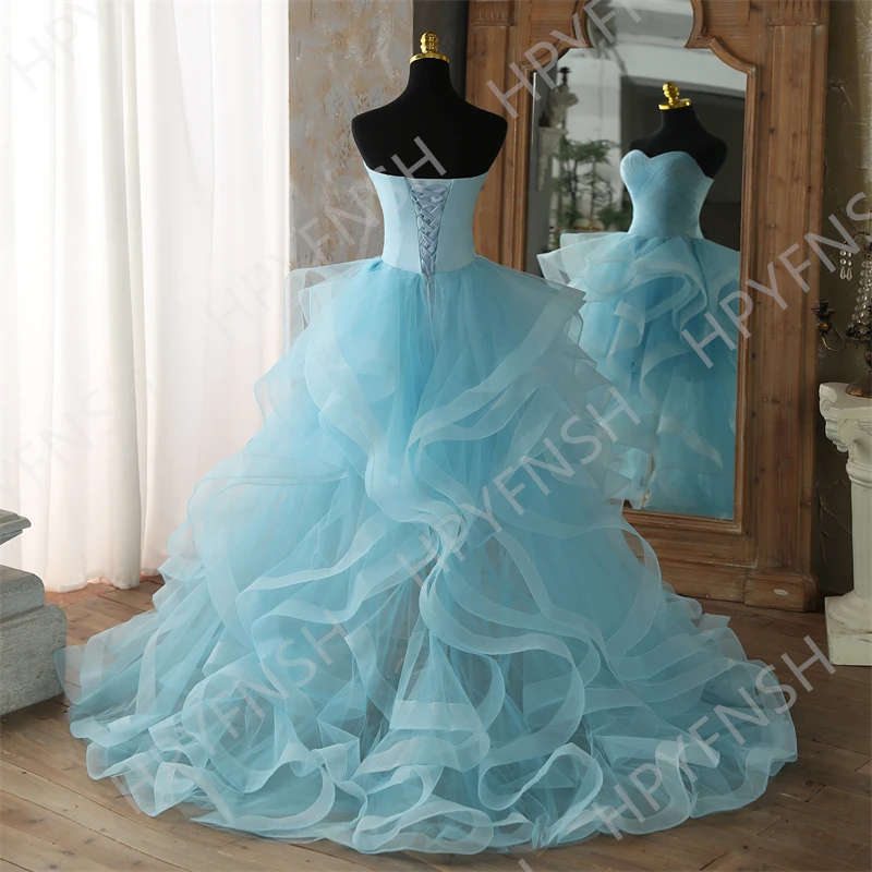 Vestido De Noiva New High-low Train Strapless Sky Blue Quinceanera Dresses Sweet Ball Gown Custom Colors Vestidos Make Plus Size