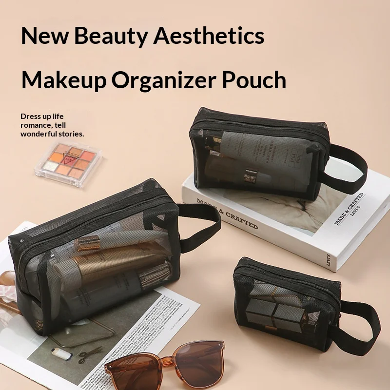 Sac de toilette en maille noire HOMEFISH pour voyage, sac à maquillage à fermeture éclair pour femmes, sac de toilette, organiseur de maquillage, pochette de rangement portable
