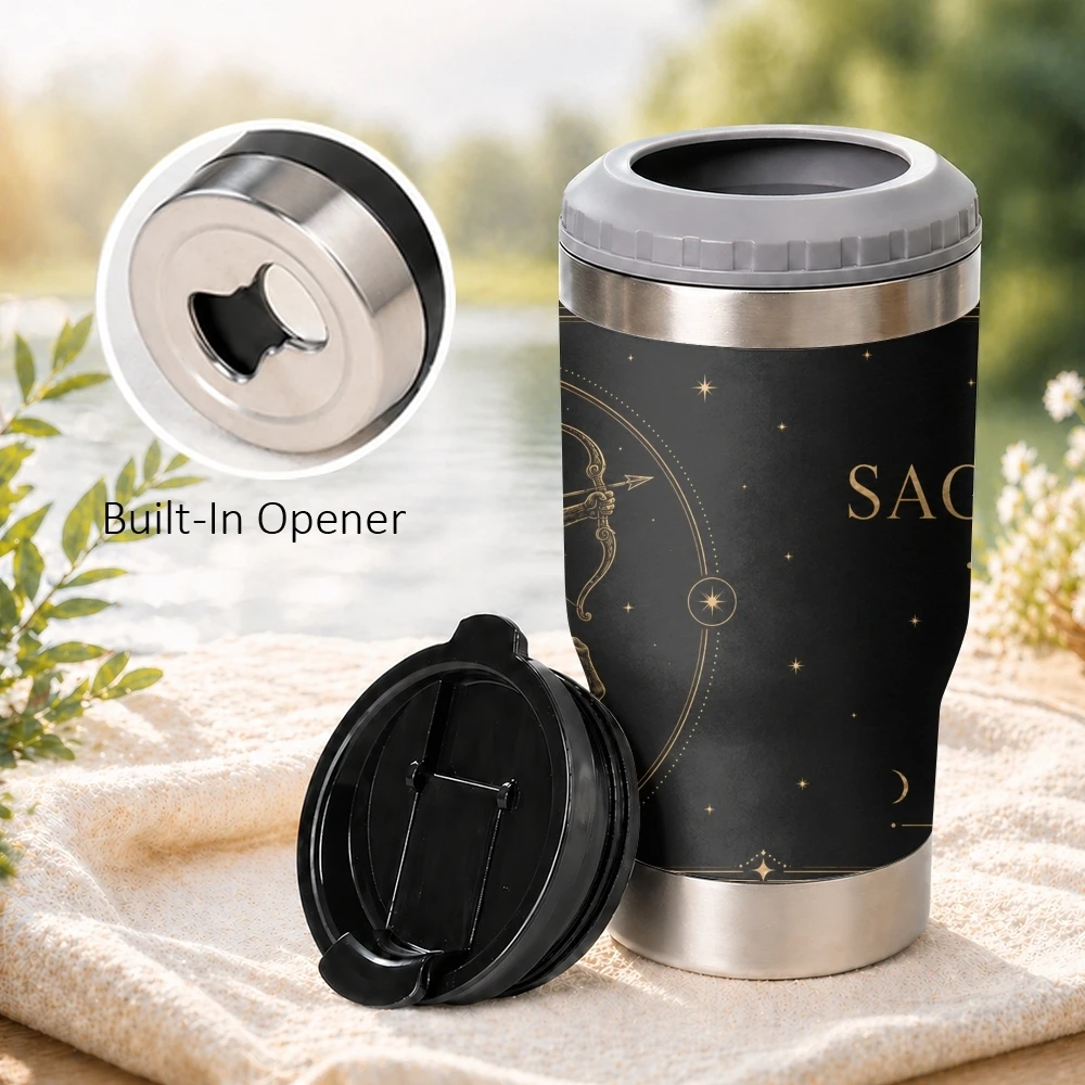 7-12 Black Luxury Zodiac Signs 4-in-1 Insulated Can Cooler Cup For Beer Soda Coffee, Stainless Steel Hot Cold Drink Holder Mug