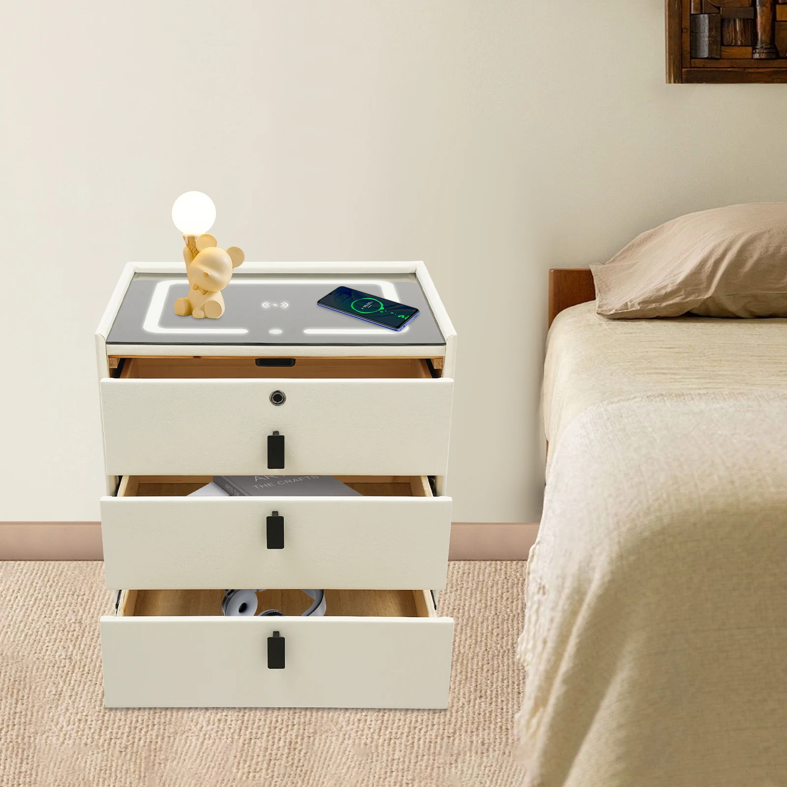 Smart Bedside Cabinet 50*40*59cm with Drawers, Three-color LED Light, USB & Wireless Charging, Fingerprint Lock, and Bluetooth Speaker