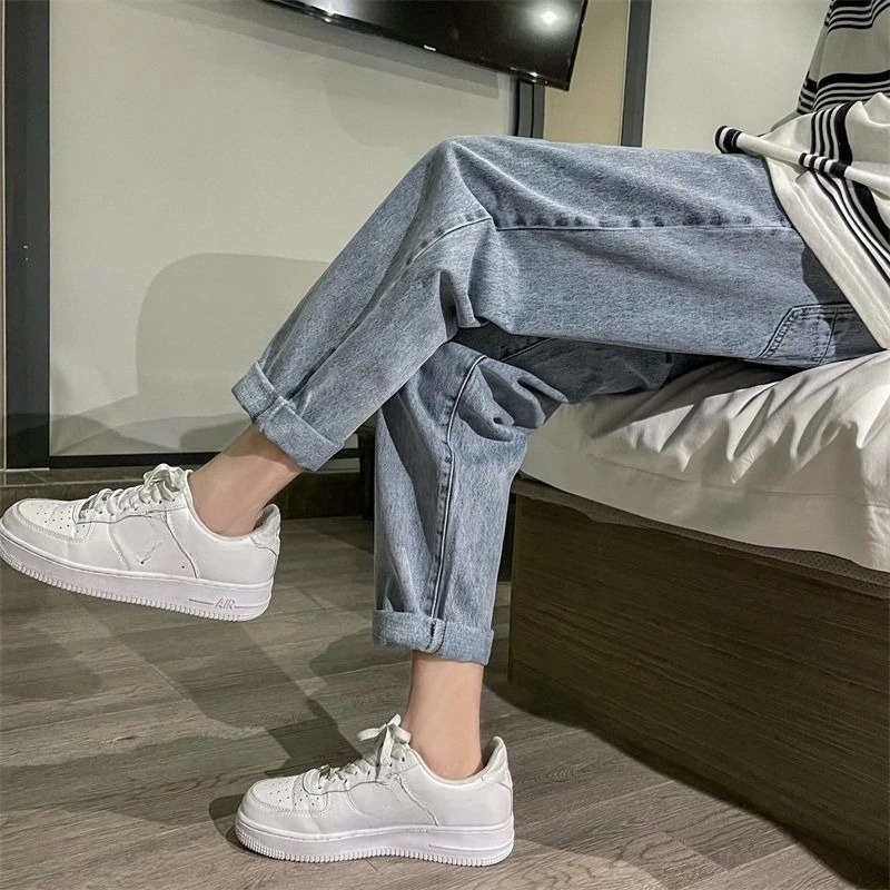 2026 Autumn Mens Drawstring Denim Pants Student Style Loose Straight Fit All-Match Wide Leg Jeans