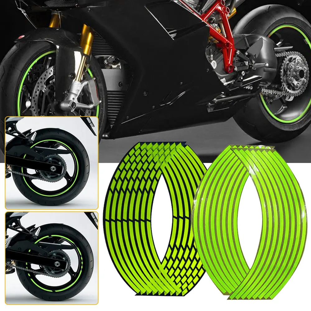 16 Stuks/1Set 18 ''Fluorescerende Groene Motorfiets Velg Reflecterende Strips Decoratieve Sticker Universele Auto Fiets Motor Trim