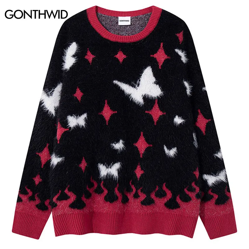 Harajuku Mohair Sweater Streetwear Knitted Butterfly Cozy Jumpers Men Hip Hop Punk Gothic Baggy Long Sleeve Pullover Sweaters