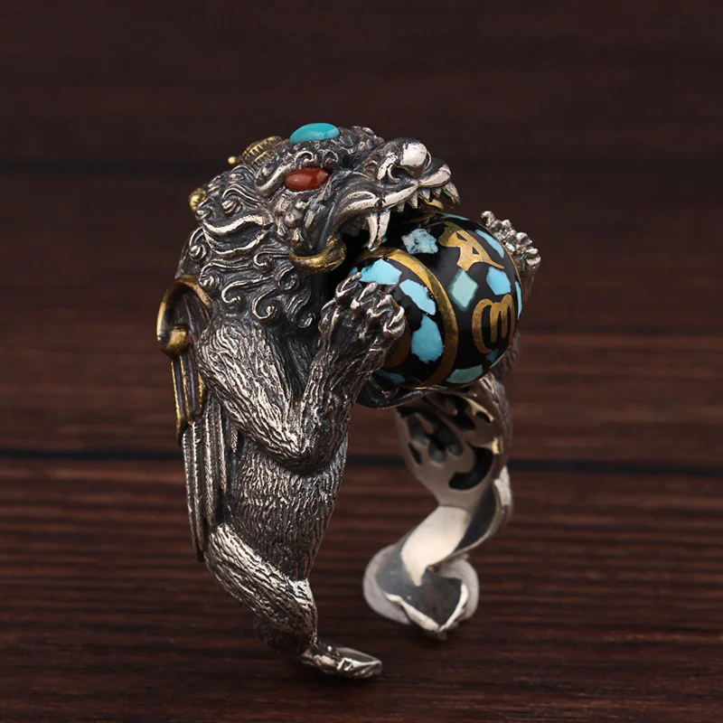 

Lucky Wealth Animal Pixiu Ring Men Jewelry Blessing Six Character Great Bright Mantra Bead Ring Male Finger Accessories