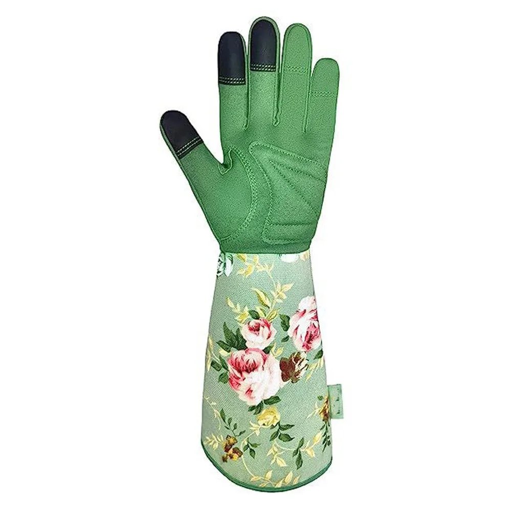 1 Pair Green Microfiber Anti Prick Gardening Gloves With Touchscreen Fingertips For Thorn Protection And Plant Pruning Tasks