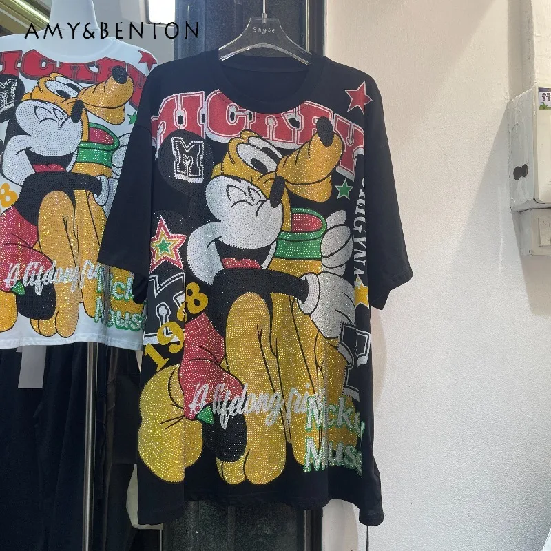 

Short-sleeved T-shirt Fashion Brand 2026 New Heavy Industry Cartoon Age-reducing Average Size Sweet Loose Tshirts Pullover Women