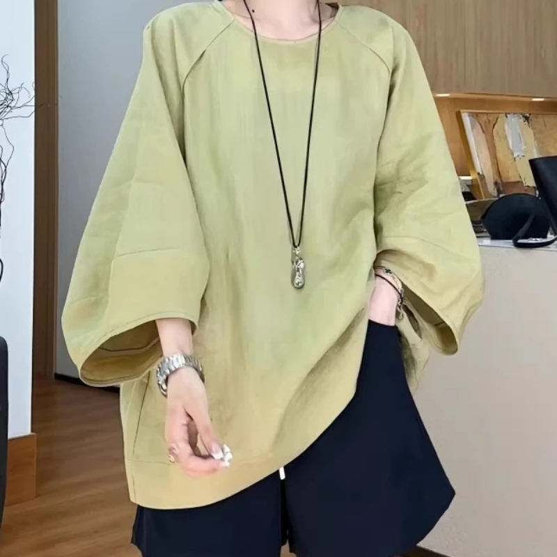 

Women T Shirts Tops Solid Tees Oversize Lantern Three Quarter Sleeves Round Neck Slight Strech Loose Fit Streetwear 2026 Spring