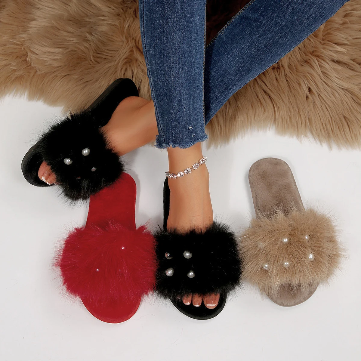 

Ladies Cotton Mop 2026 Fashion Casual New Cute Winter Open Toe Round Head Flat with Solid Color Plush Pearl Decorative Slippers.
