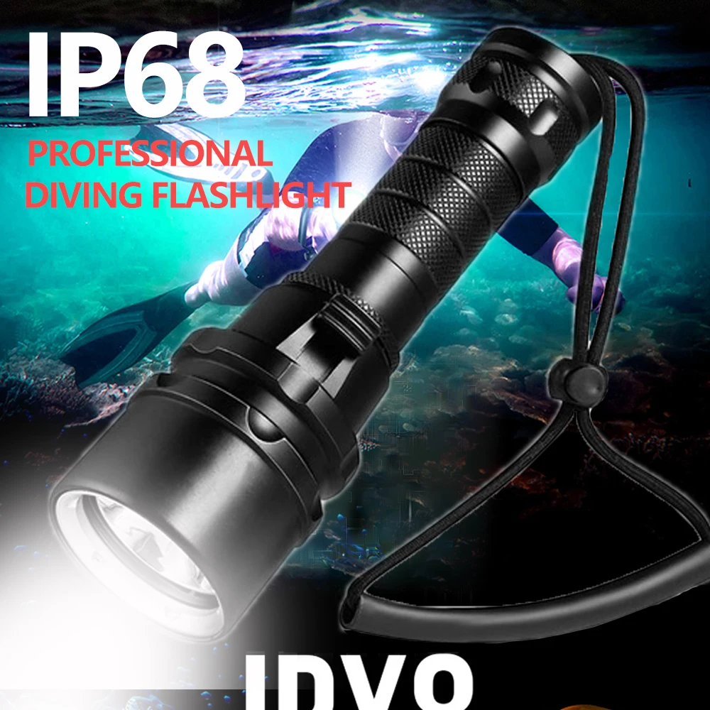 High Power Diving Flashlight IP68 Highest Waterproof Rating Professional Diving Light Powered by 18650 Battery With Hand Rope