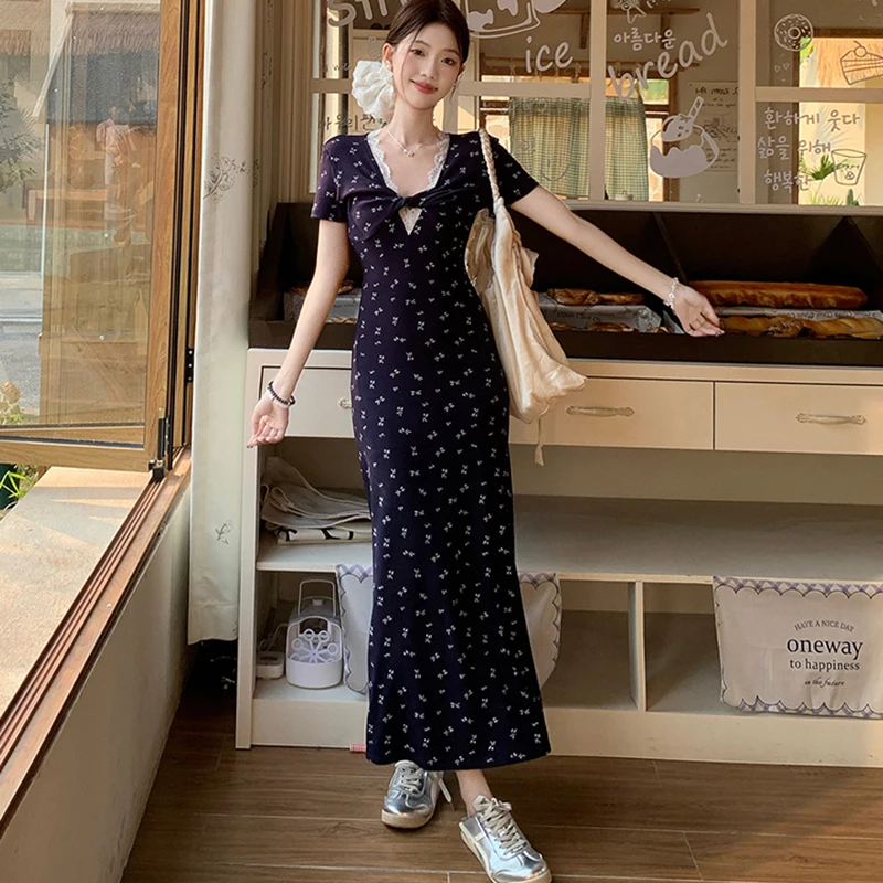 Dark V-Neck Lace Splicing Floral Dress Summer Korean Style Twisted Design High Waist Mid Length Flowers Dresses For Women