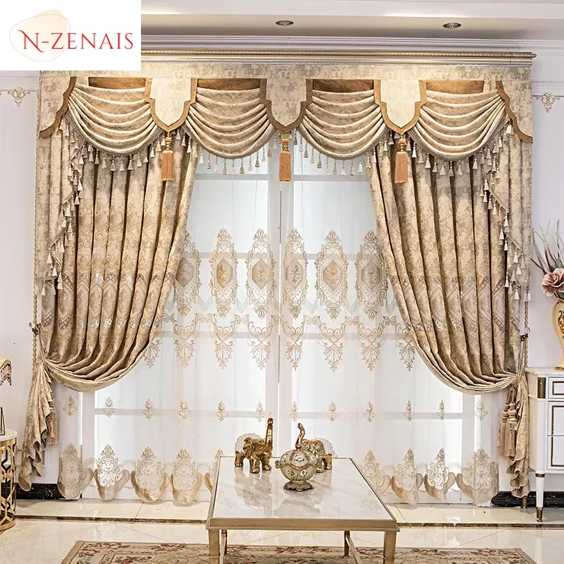 European Coffee Embroidered Luxury Curtains for Living Room Bedroom Blackout Dining Room Chenille Valance Elegant Tulle Thicken