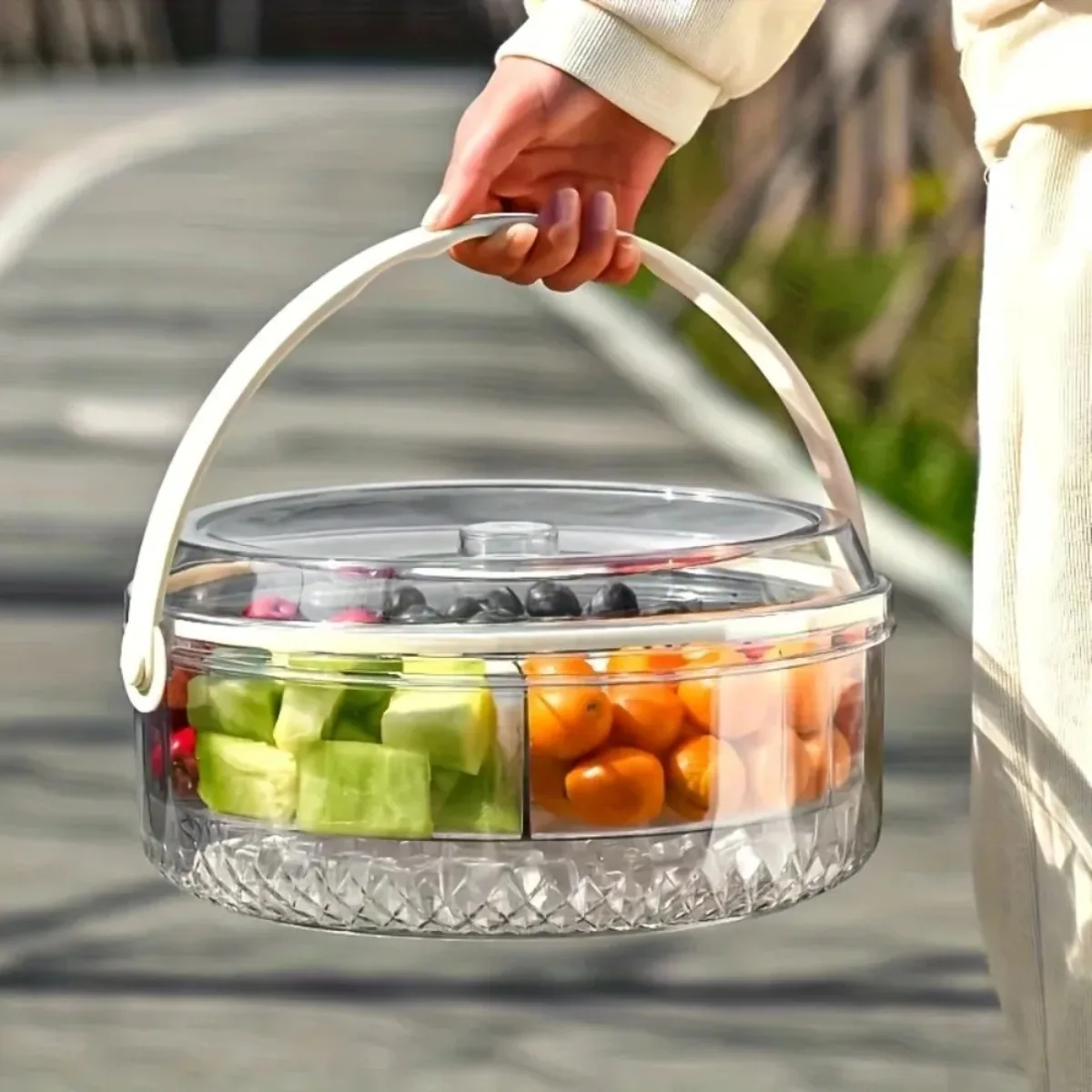 Rotating Snack Tray with Lid Lazy Susan Organizer Clear Food Storage Container Divided Serving Platter Fridge Kitchen Box
