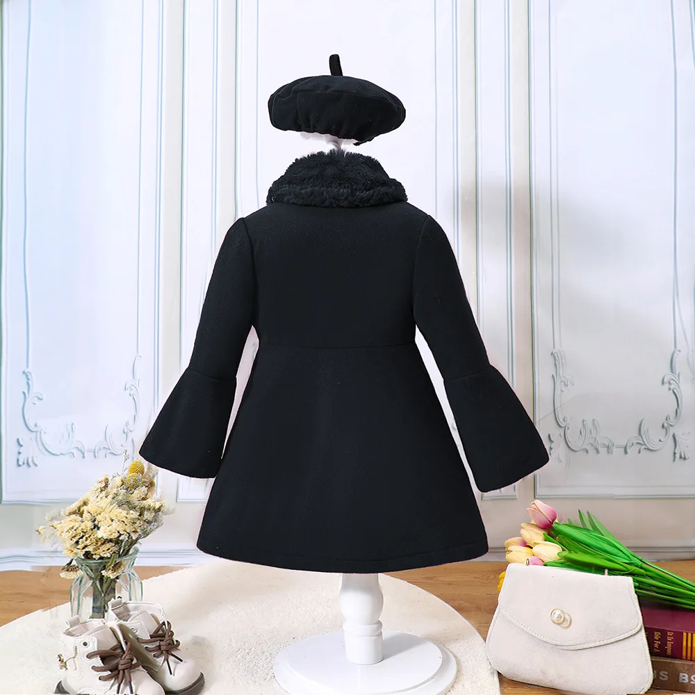 Mädchen-Herbst-Wintermantel, neue einfarbige Jacke für Mädchen mit Baskenmütze, warme, mittellange Oberbekleidung für Herbst und Winter. – Detail 4