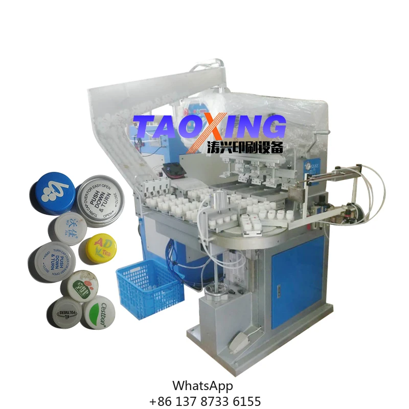TAOXING-impresora de almohadilla de línea de montaje de tapa de botella, impresora Tampo de 4 colores, máquina de impresión automática de tapa de botella