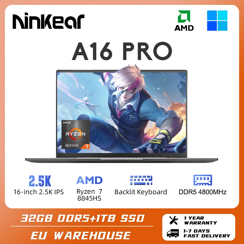 Laptop Ninkear A16 PRO gamingowy AMD 7 8845HS 16-calowy 2.5K IPS 120Hz 32GB DDR5 + 1TB SSD WiFi 6 podświetlana klawiatura Notebook
