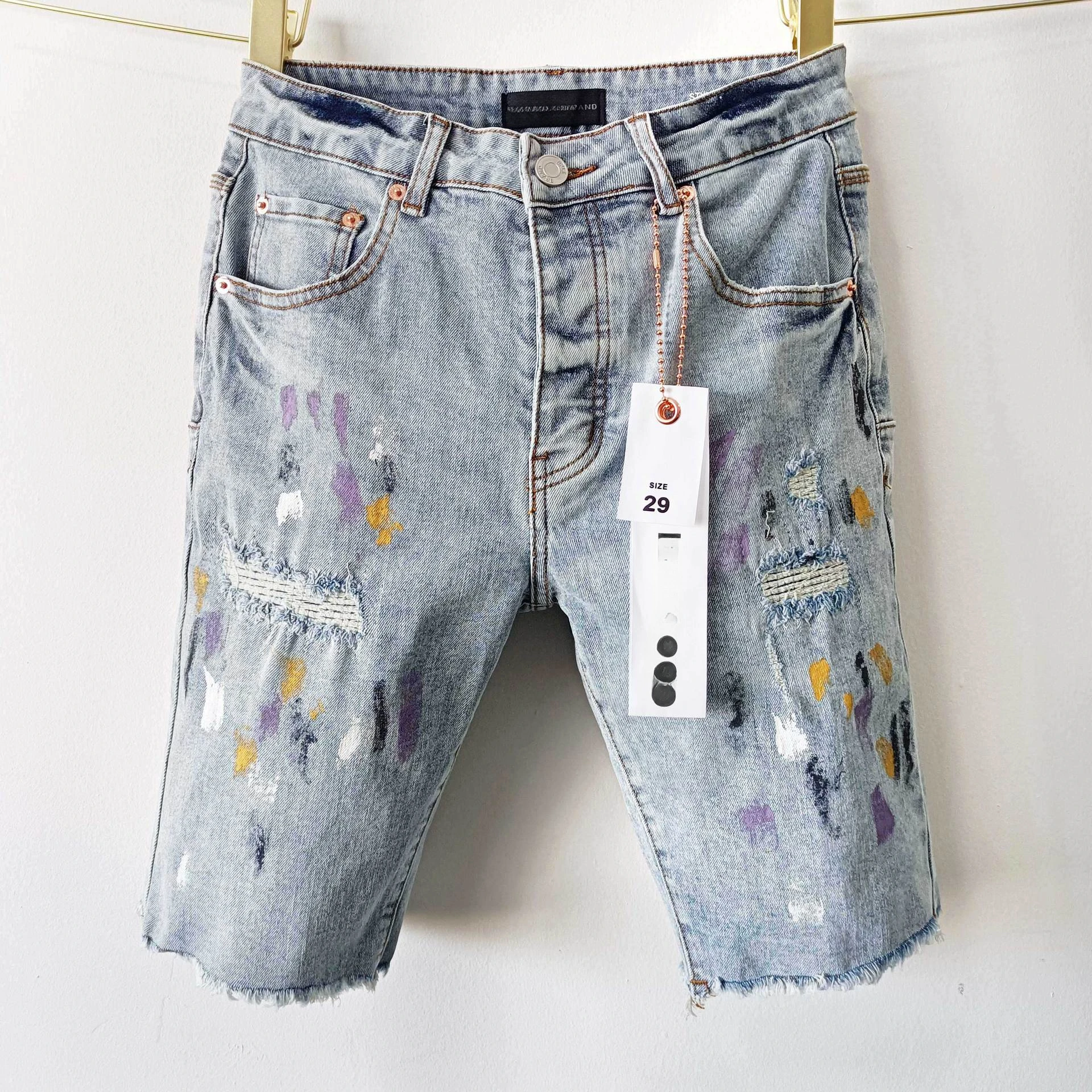 Purples  jeans fashion Trend Men's Rough Edge Splash Ink Paint Men's Pants Slim Ripped Patch Denim Shorts Brands Pants