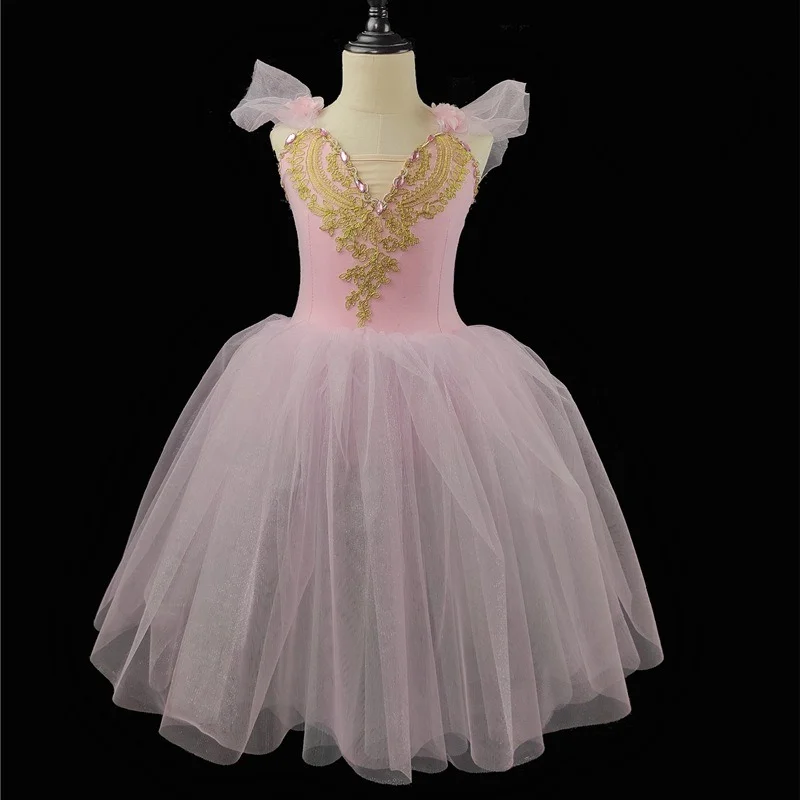 Premium Romantic Ballerina Dress Golden Floral Lace Crystal Trimming Bodice Light Blue Mesh Shoulders Airy Soft Tulle Tutu Skirt