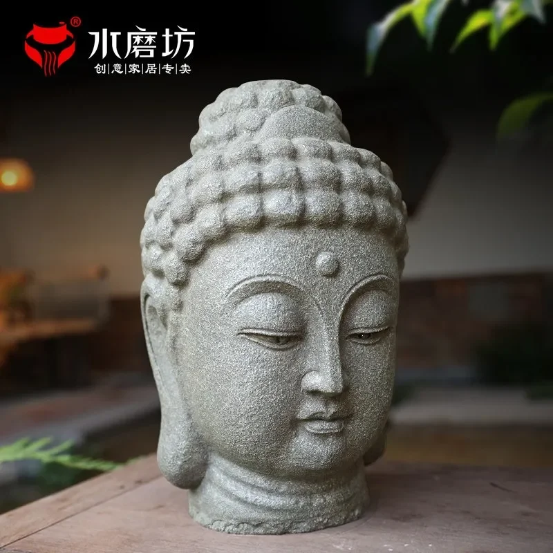 for Buddha Head Statue Zen Retro Ornament Simulation Stone Decor for Living Room Entrance Courtyard Home Decoration