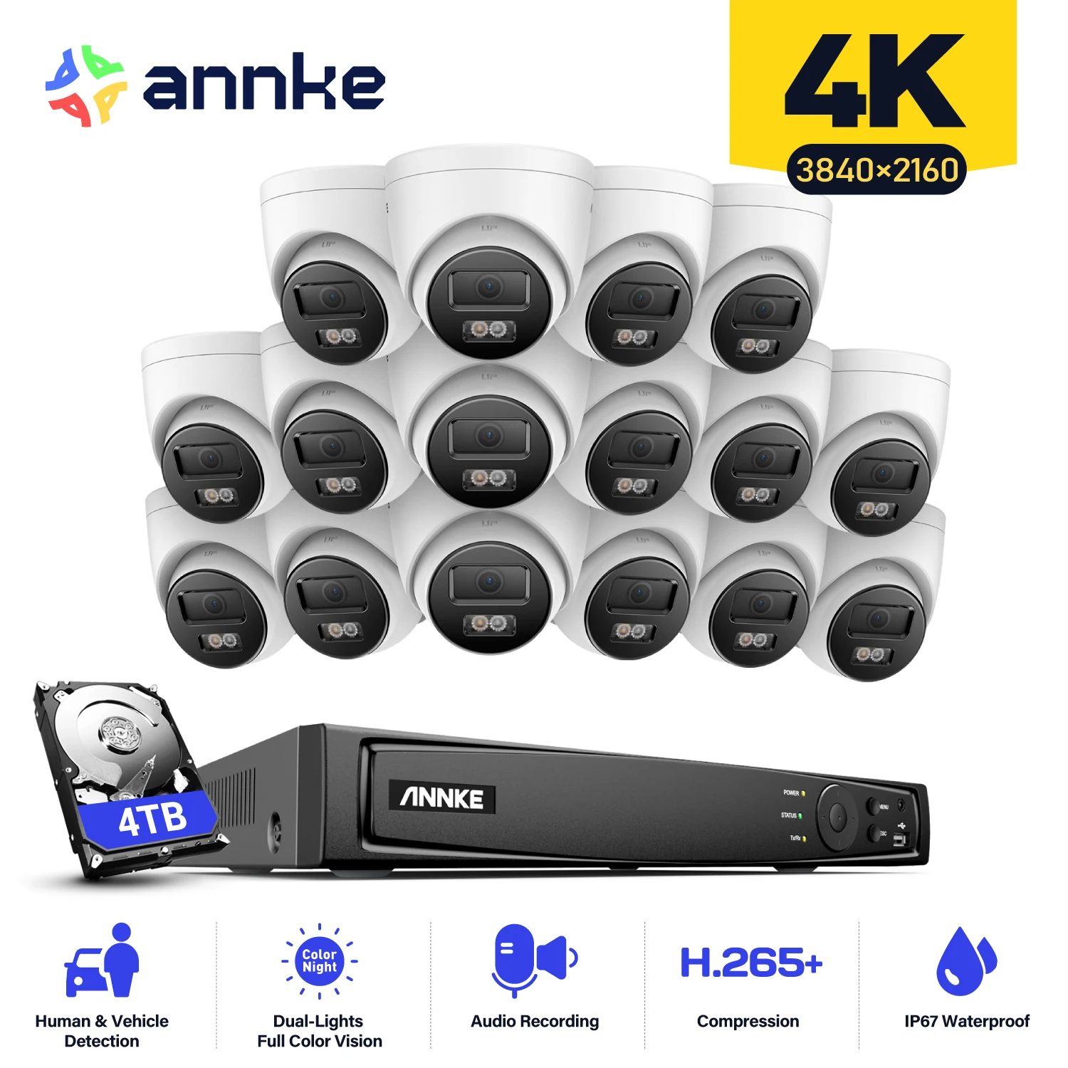 annke smart poe camera system protecao de seguranca vigilancia por video luz dupla lente mm deteccao de veiculo humano h265 mais 4k ip67 01