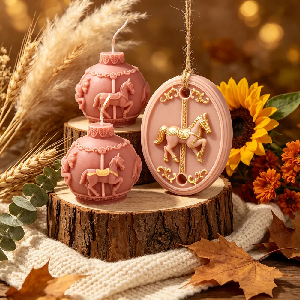 Karussellpferd-Silikon-Kerzenform, Karussell-Kugel- und Ovalform, DIY-Schaukelpferd-Kerzen- und Seifenform aus Epoxidharz, Weihnachtsdekoration für Zuhause