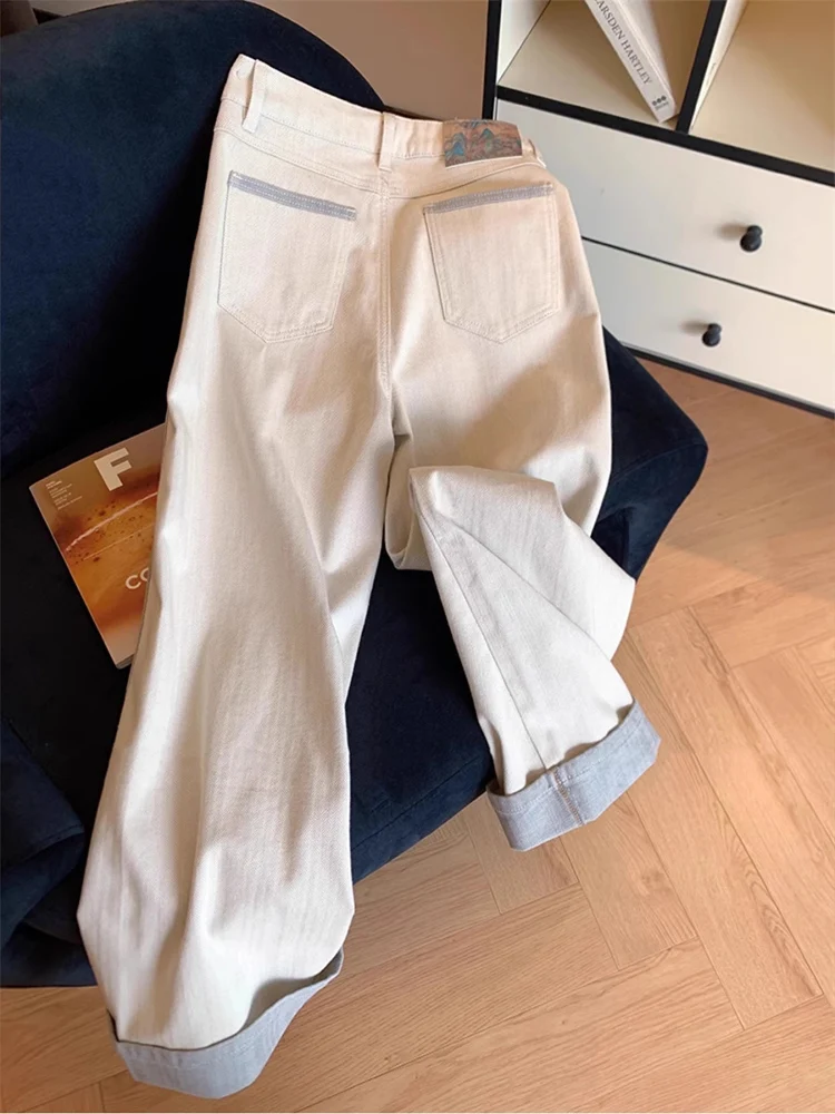 Modische Jeans mit weitem Bein für Damen, All-Match, hohe Taille, Hose mit geradem Bein, seitlich gestreiftes Design, lässige Denim-Hose