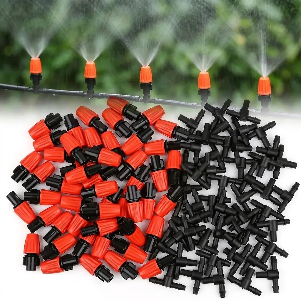 Orange Adjustable Misting Nozzle For Garden Greenhouse 7.5-10L/H T-Type With 1/4 Inch Tee Connector Fits 4/7mm Hose Sprayer