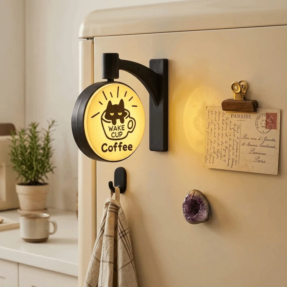 Magnetic Coffee Corner Light Sign Rotatable Cartoon Cat Glowing Cat Fridge Magnet Soft Light Retro Lamp Label Refrigerator Patch