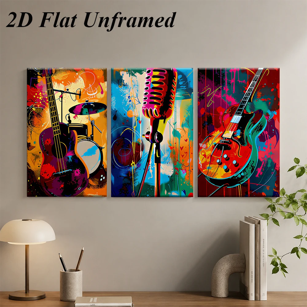 1 set of modern music theme triple frameless decorative paintings, guitar, microphone, drum elements, 2D plan