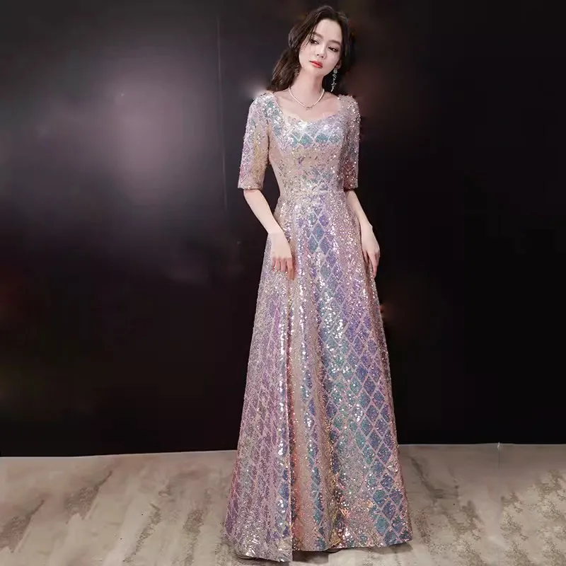 Gaun pesta pernikahan wanita kerah persegi berpayet Slim Fit temperamen setengah lengan Prom Vestidos gaun malam pinggang ramping