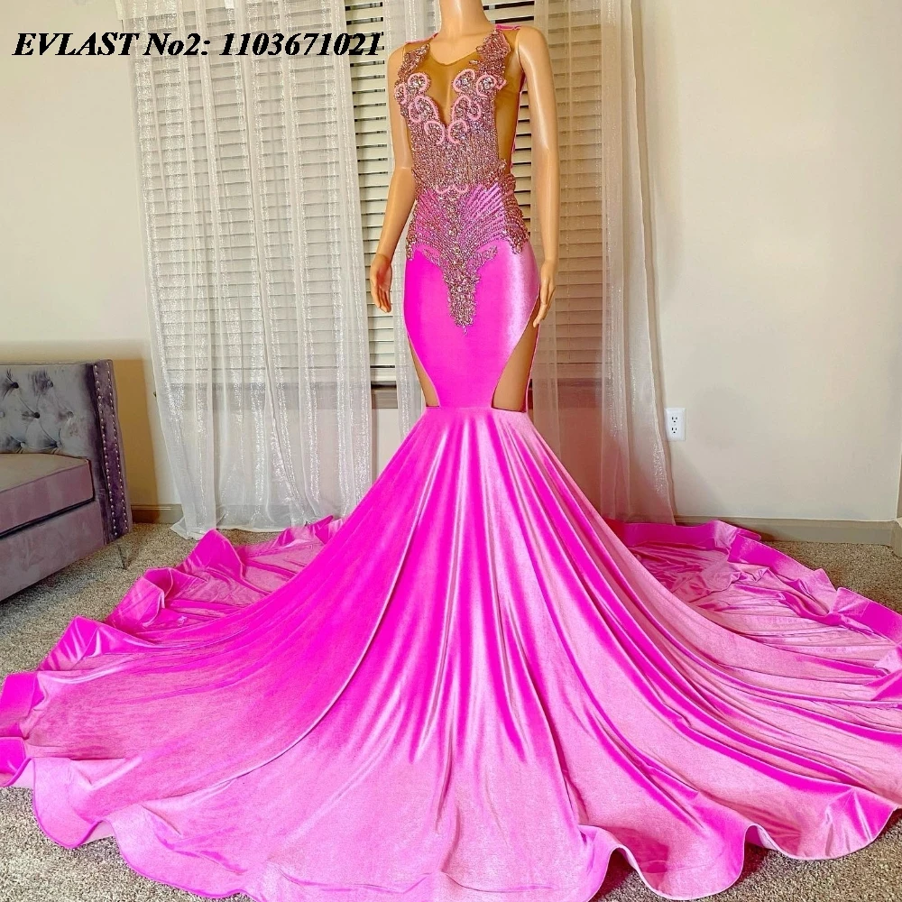 Evlast personalizado rosa cristal veludo longo vestido de baile para meninas negras strass frisado elegante africano formal vestido de festa e2p31