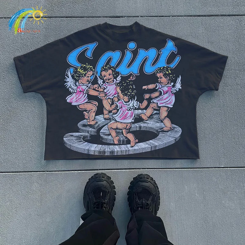 

Мужская и женская футболка унисекс с принтом Baby Angel Saint, хлопковая футболка лучшего качества, короткие, но широкие стильные футболки большого размера, летняя футболка