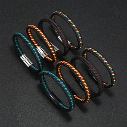 Trendy Leather Braided Bracelet Alloy Magnetic Clasp Bracelets for Men