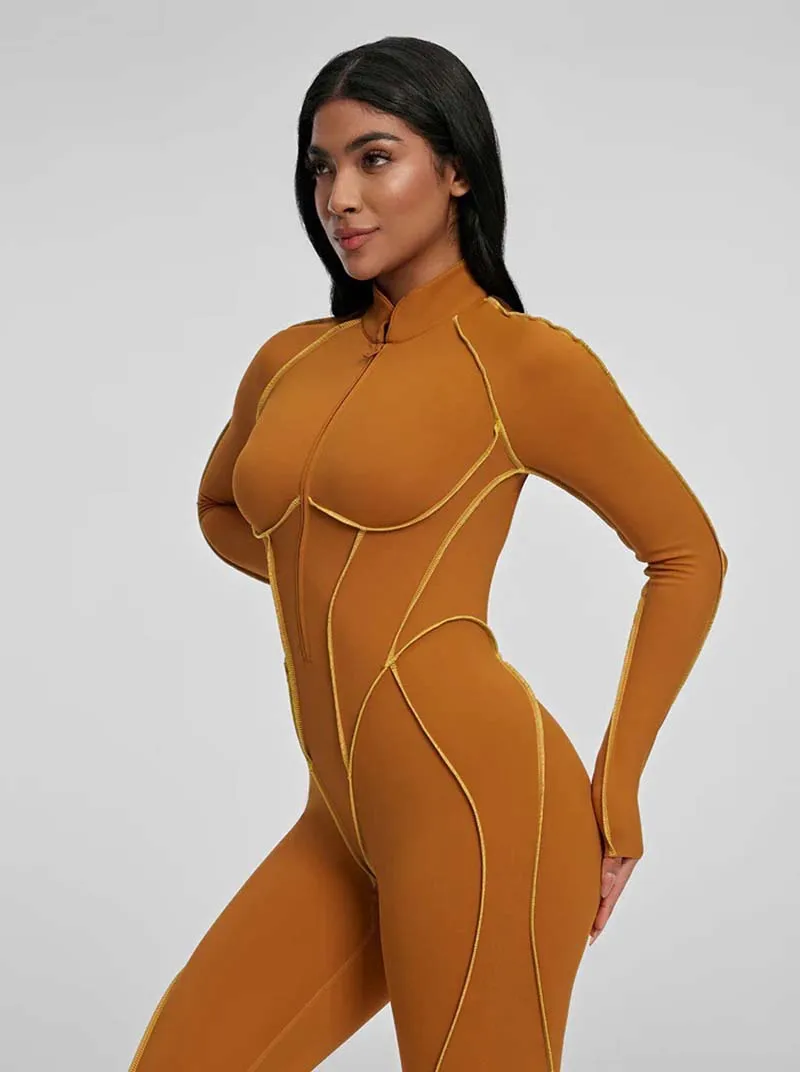 THRUM Backless One Piece Yoga Jumpsuit Tight Bodysuit with Built-in Padded Bra Butt Lifting Stretch Activewear for Workout