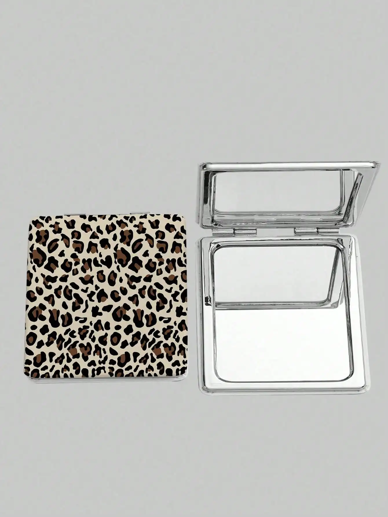 Grunge Punk 1pc PU Leopard Print Double-Sided Folding Makeup Pocket Mirror, Portable, Creative Metal Mirror For Women/Students, Random Floral Pattern Design sb2410249793218919