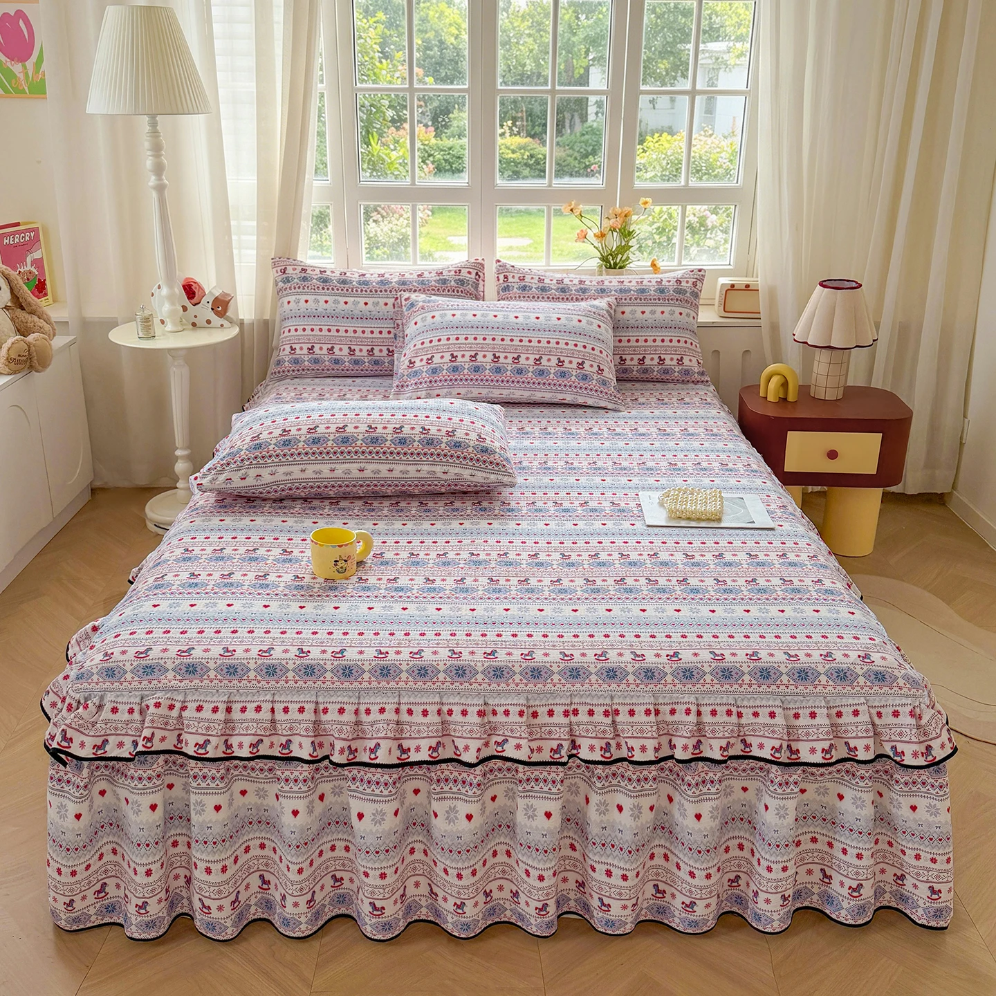 3pcs Double-layer Gauze Bed Skirt Set with Pillowcase Single/Queen/King Size Bed Sheet with Skirt Ruffles Soft 침대스커트 Bed Skirt