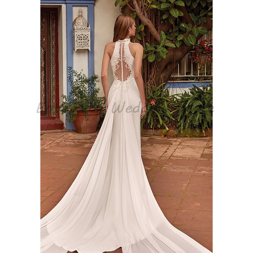 Halter Neck Satin Mermaid Wedding Dress Lace Keyhole Front High Slit Bridal Gown With Chapel Train For Modern Bride