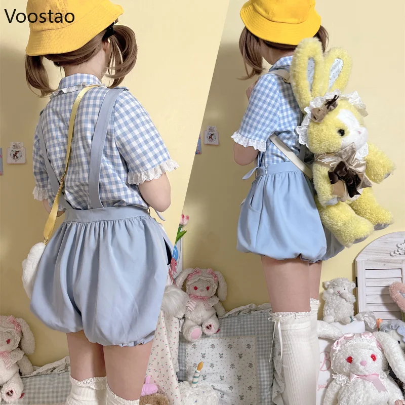 Sweet Lolita Style Shorts Set Women Kawaii Cartoon Embroidery Shirt Overalls Short Pants Suit Japanese Girl Cute Bloomers Shorts