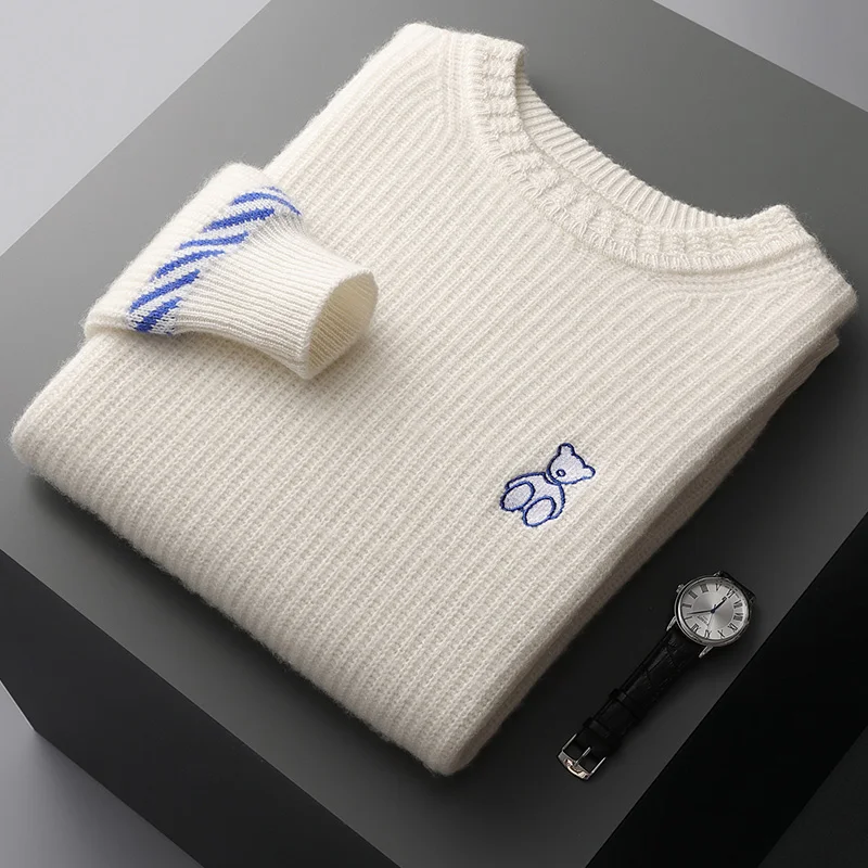 Winter 100% Pure Wool Men's Round Neck Gold Needle Thick Sweater Jacquard Bear Pattern Knitted Bottoming Shirt